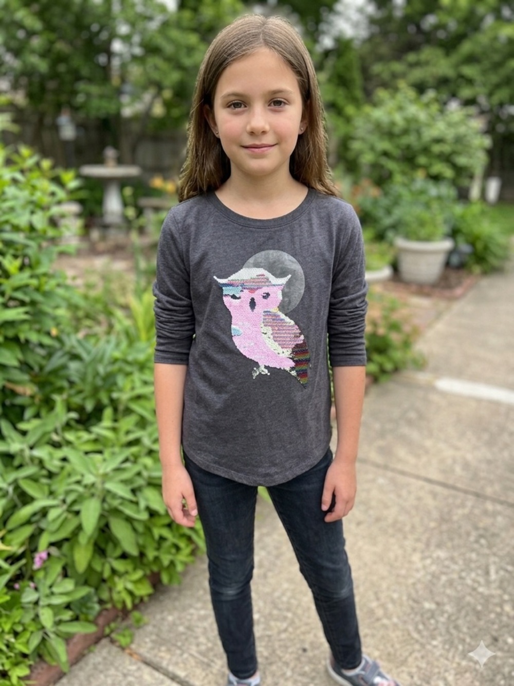 Gap Kids Girls XL 12/14 Gray Flip Sequin Owl Long Sleeve Tee